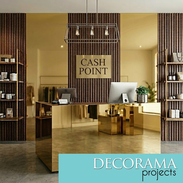 GOLD PVC MIRROR AND WOOD FLUTED PANELS