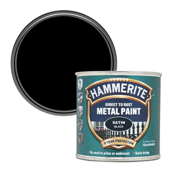 Hammerite Direct to Rust Satin Metal Paint, black, 250 ml tin